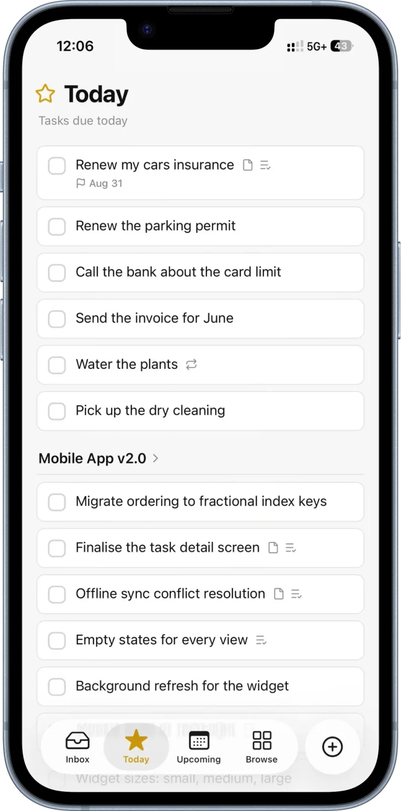 TaskPocket iPhone app, Today view
