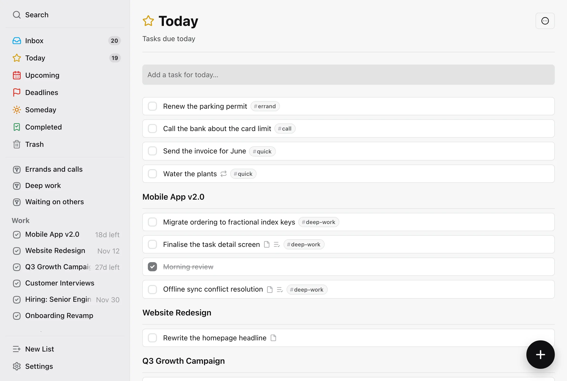 TaskPocket web app, Today view